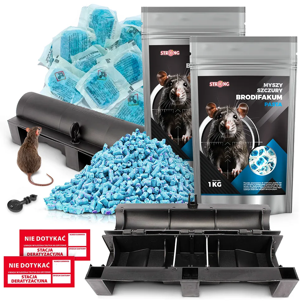 Zestaw do zwalczania myszy i szczurów: dwa opakowania pasty Brodifakum 1 kg, stacja deratyzacyjna z kluczykiem, saszetki z trutką i etykiety ostrzegawcze.