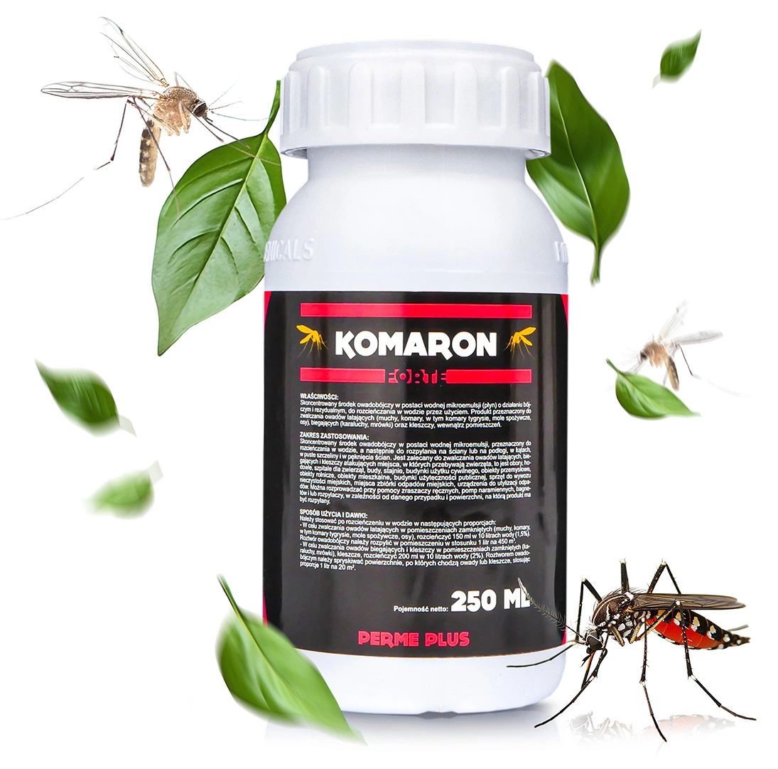 Środek owadobójczy Komaron w butelce 250 ml, otoczony liśćmi i komarami, etykieta z nazwą i opisem działania.
