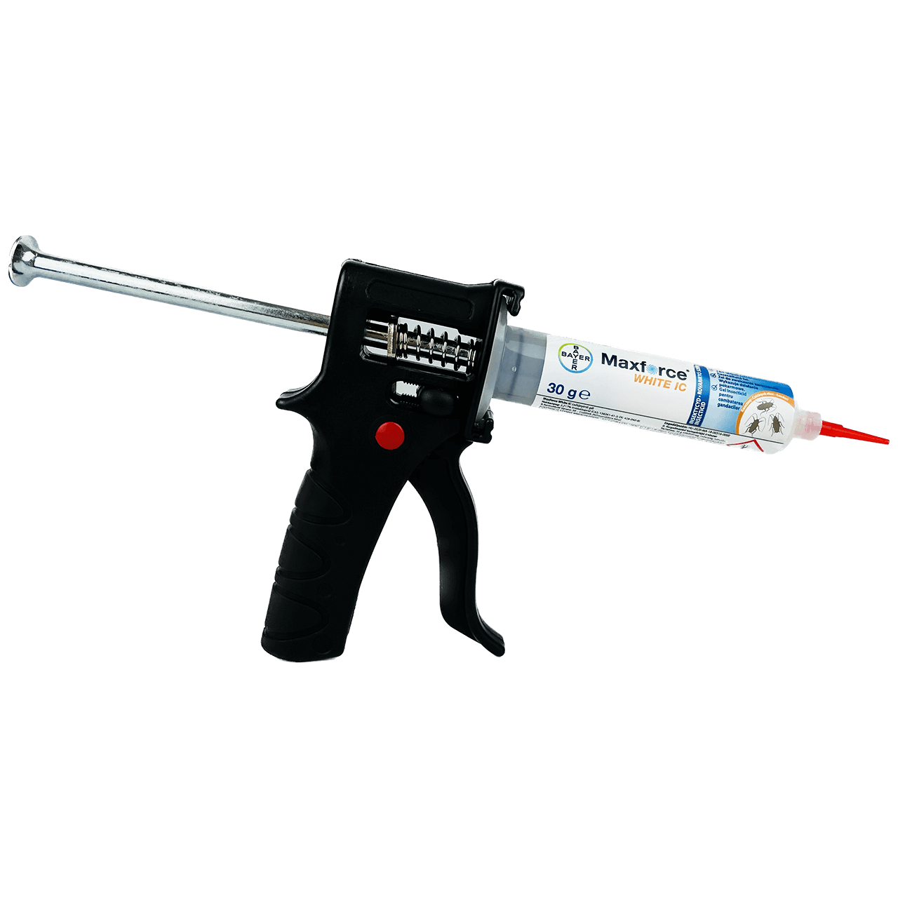 Aplikator z tubką żelu owadobójczego Maxforce White IC, 30 g, z czerwonym dozownikiem i czarnym uchwytem pistoletowym.