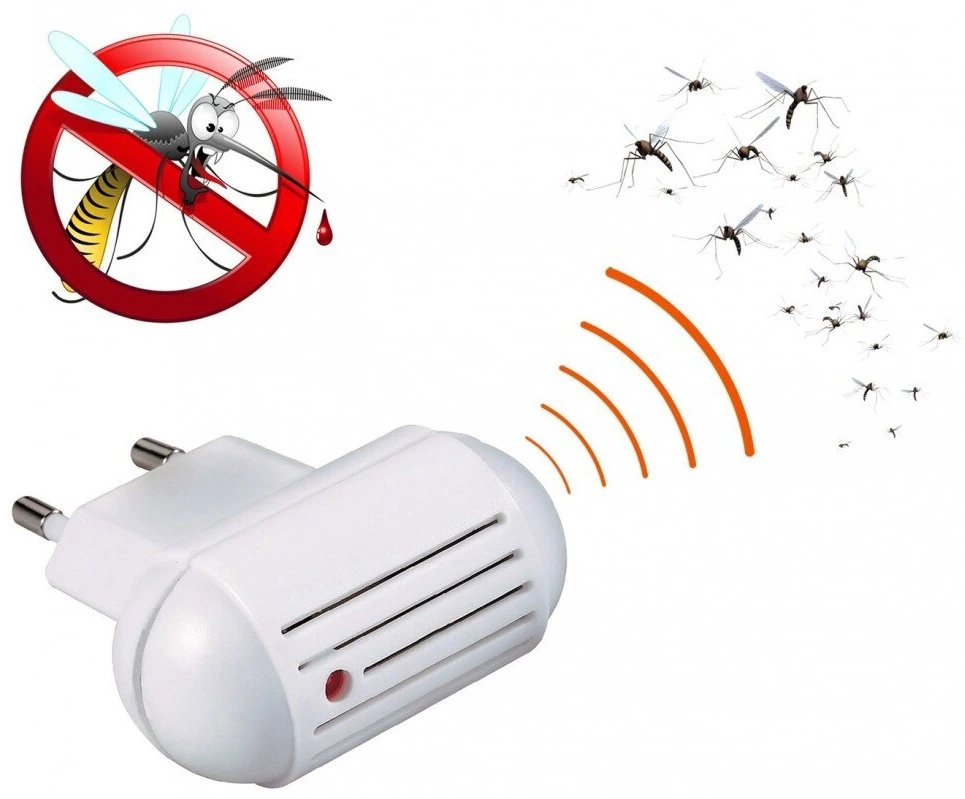 Elektryczny odstraszacz komarów do gniazdka, biały, z diodą LED; grafika przekreślonego komara i uciekającej chmary owadów.
