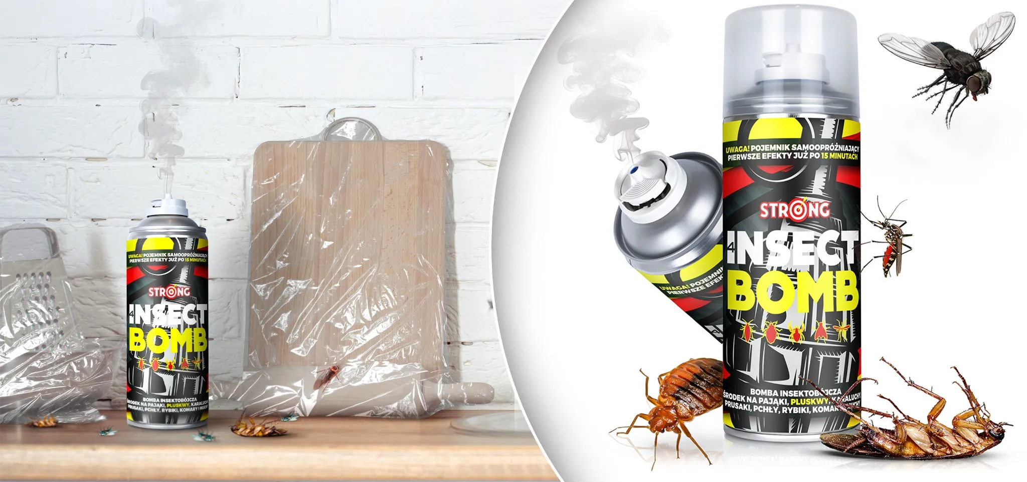 Bomba owadobójcza Strong Insect Bomb w aerozolu; puszka z etykietą i napisem „środek na pająki, pluskwy, karaluchy” otoczona owadami i dymem, z widocznymi martwymi insektami na blacie.