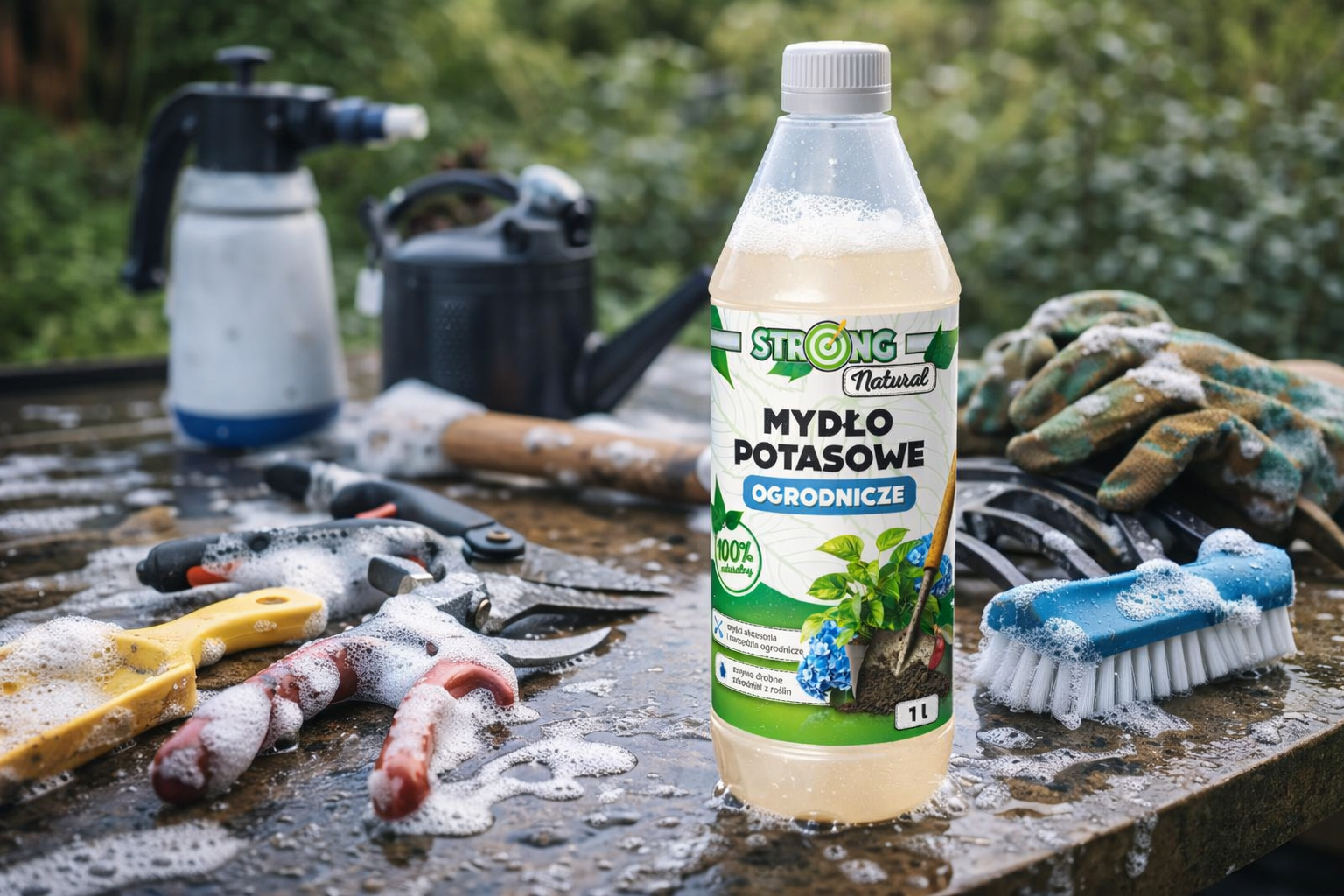 Strong Natural Mydło potasowe ogrodnicze 1 l, butelka na mokrym stole wśród narzędzi ogrodowych w pianie.