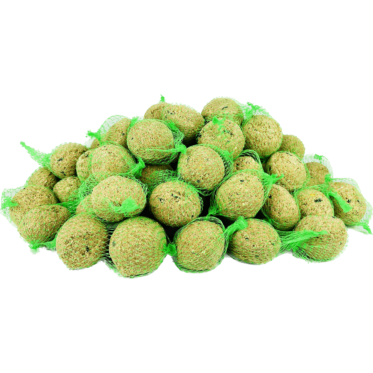 Kule tłuszczowe dla ptaków w zielonej siatce, ułożone w stos.