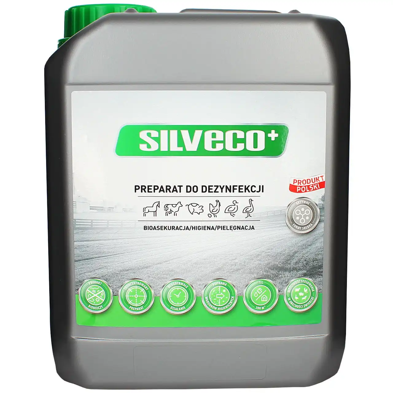 Kanister preparatu do dezynfekcji Silveco+, etykieta z ikonami zwierząt hodowlanych i informacją „Produkt polski”.