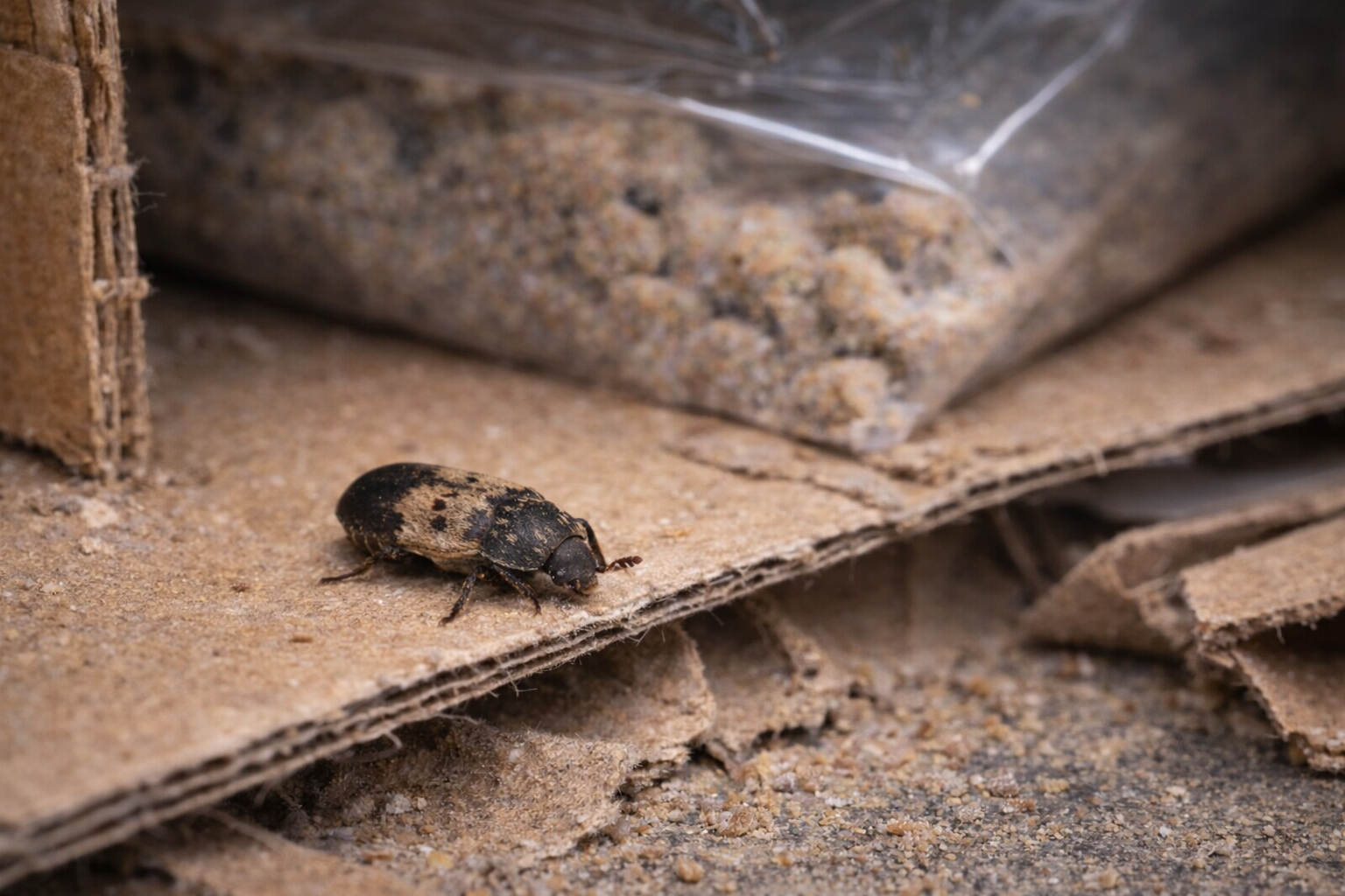 Skórnik słoniniec (Dermestes lardarius) na zniszczonym kartonie w magazynie żywności, szkodnik magazynowy żerujący w tekturze i resztkach karmy.