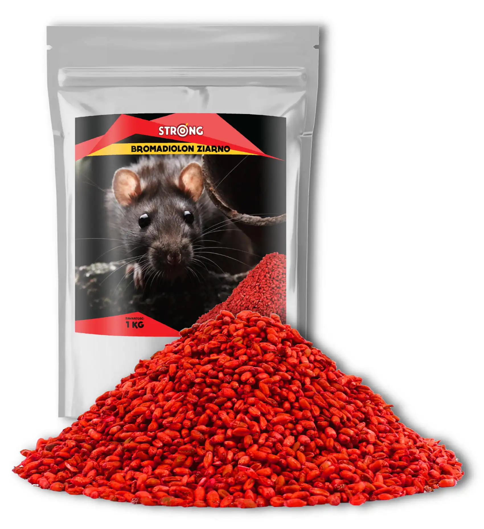 Trutka STRONG BROMADIOLON ZIARNO – opakowanie 1 kg z zatrutym czerwonym ziarnem do zwalczania myszy i szczurów.