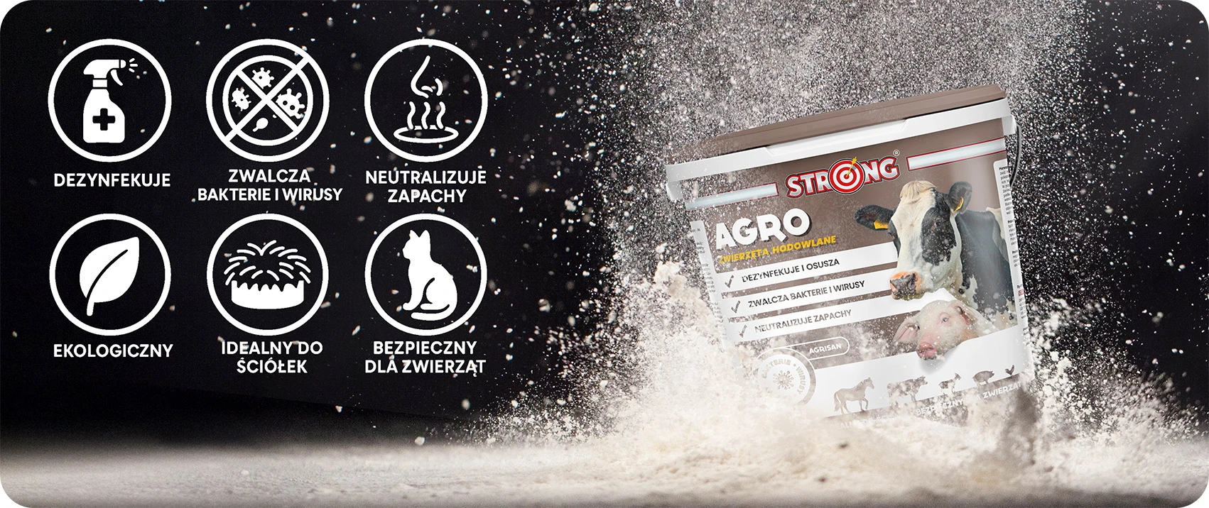 Grafika promująca środek Strong Agro z ikonami jego zalet: dezynfekuje, zwalcza wirusy, ekologiczny, bezpieczny dla zwierząt.