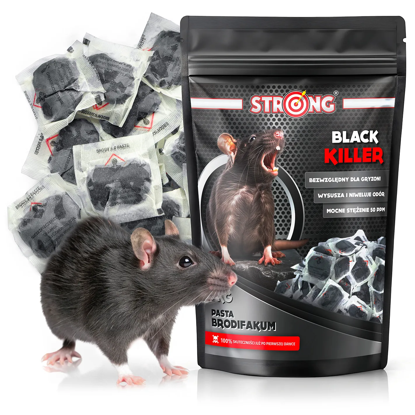 Trutka STRONG BLACK KILLER – pasta brodifakum w saszetkach, opakowanie z czarnym szczurem i napisem „100% skuteczności już po pierwszej dawce”.