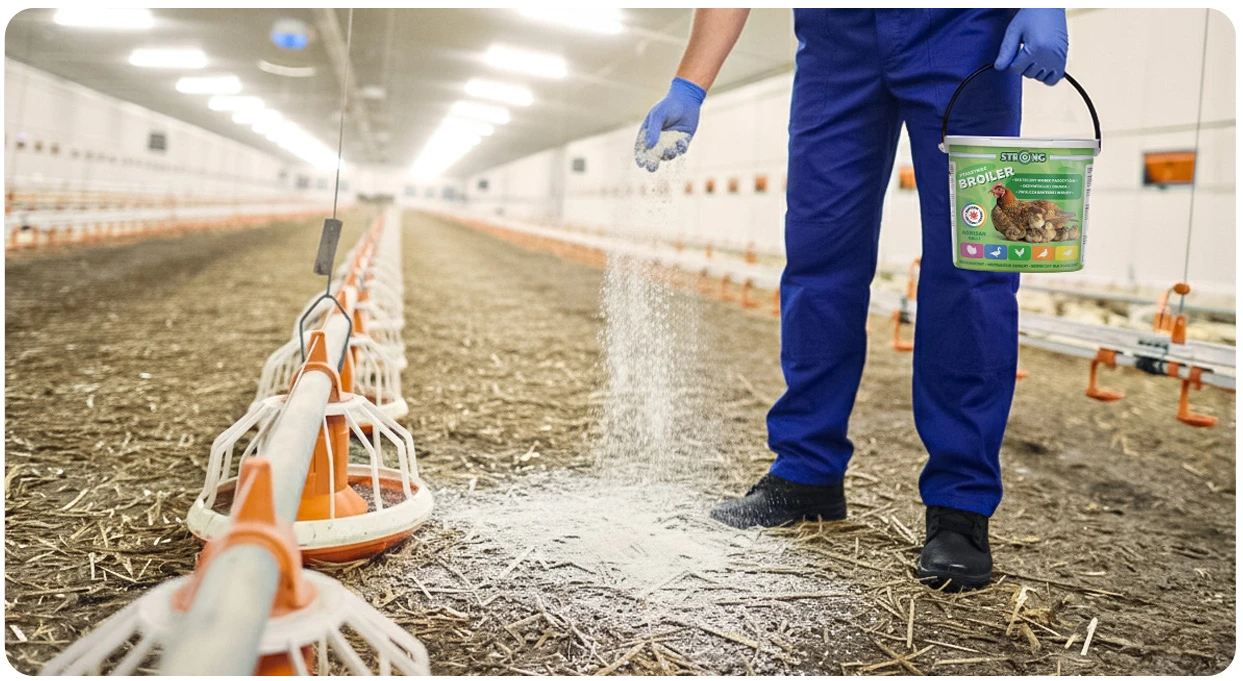 Osoba w niebieskim kombinezonie i rękawiczkach rozsypuje preparat w proszku w kurniku, trzymając wiaderko z etykietą „Broiler”.