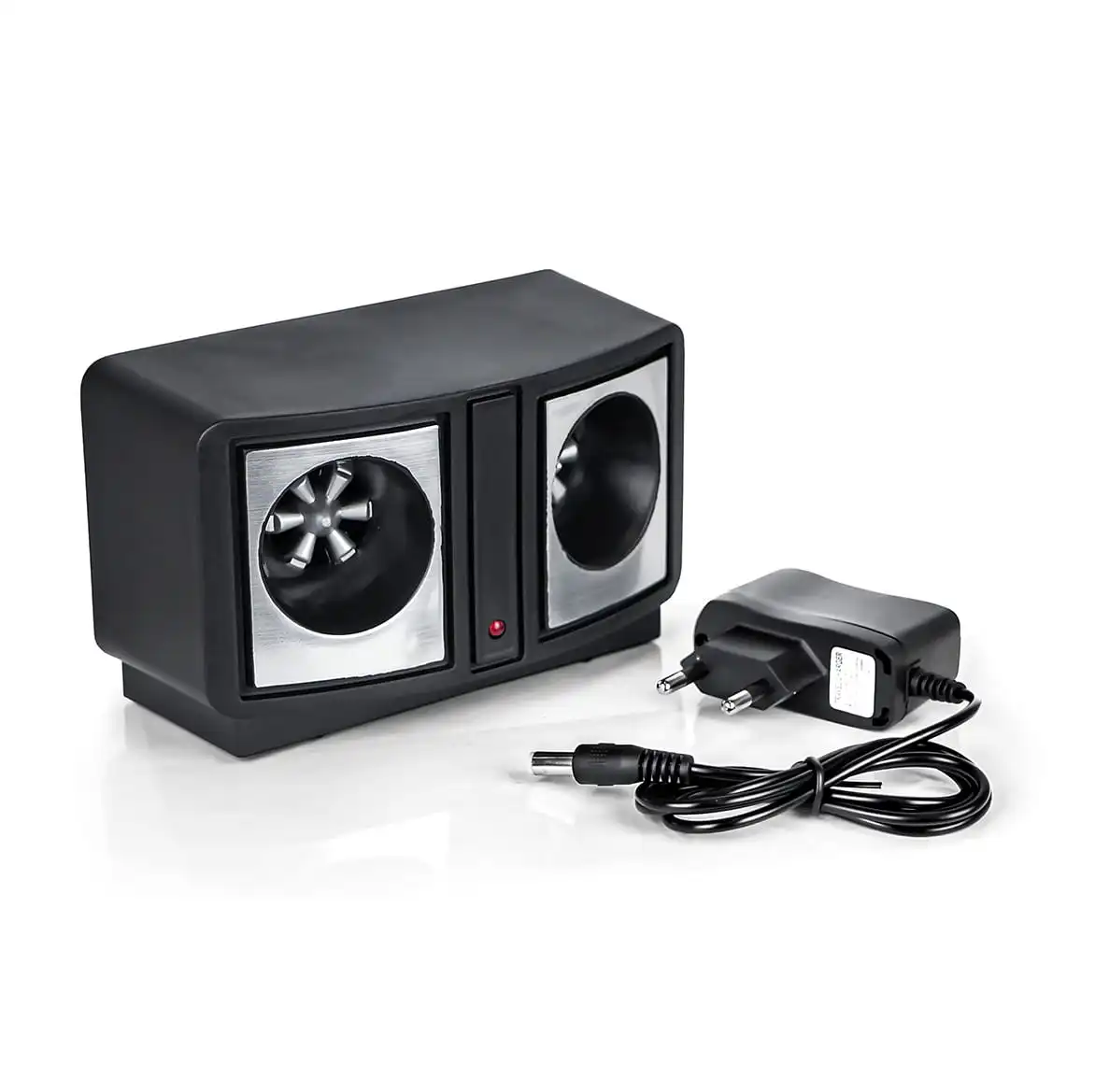 Ultradźwiękowy odstraszacz gryzoni z dwiema membranami i zasilaczem sieciowym.