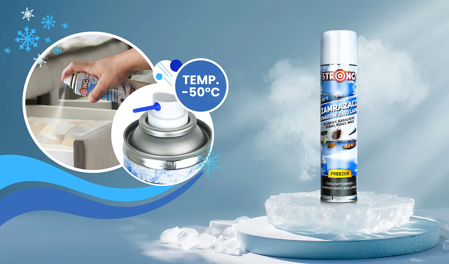 Spray „Strong Freezer” do zamrażania owadów, jaj i larw, działa w temperaturze do -50°C; na opakowaniu widoczne pluskwy, karaluchy, mole i rybiki.