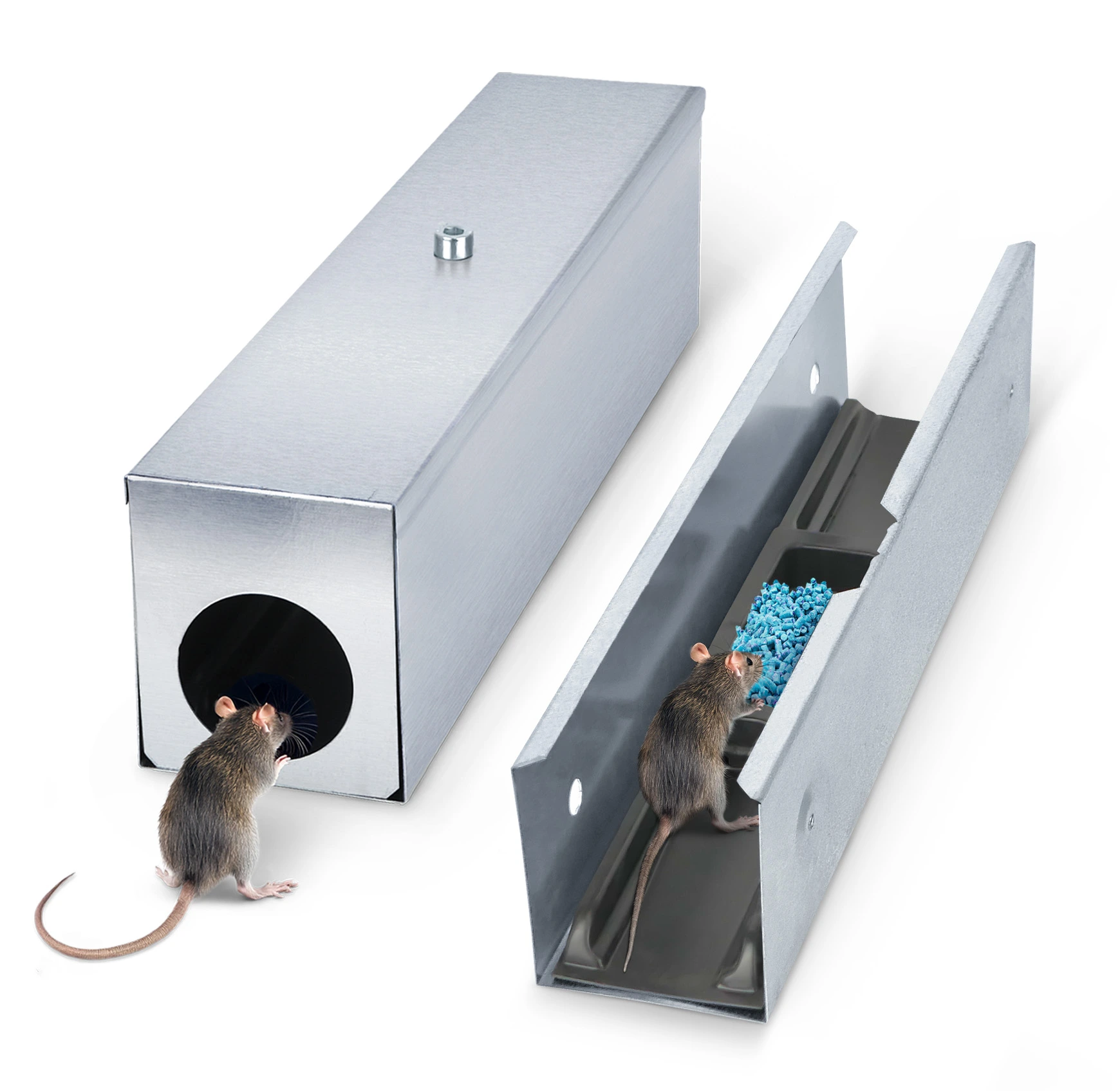 Metalowa stacja deratyzacyjna z przynętą trutkową w granulkach, z myszami wchodzącymi do środka.