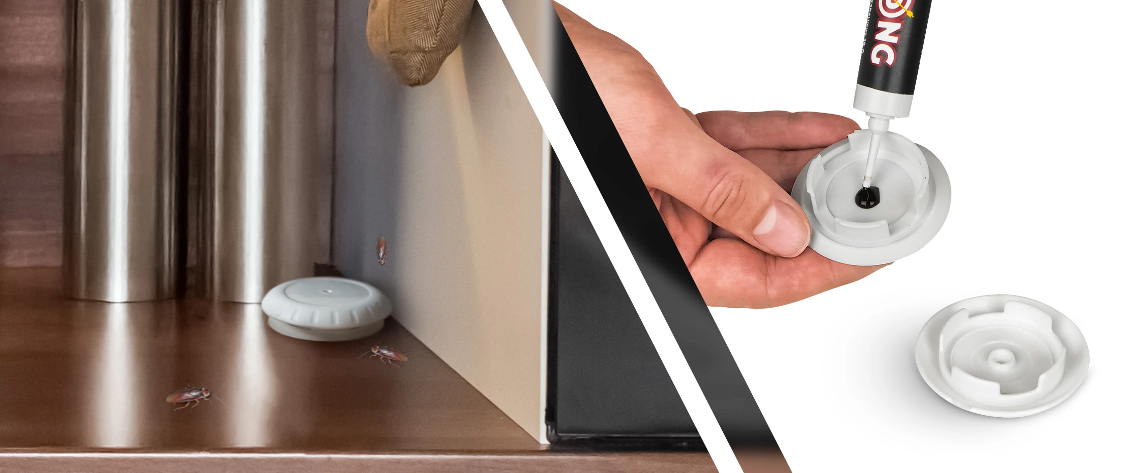 Pułapka na karaluchy przy listwie podłogowej; po prawej ręka nakłada żel owadobójczy do plastikowej stacji.