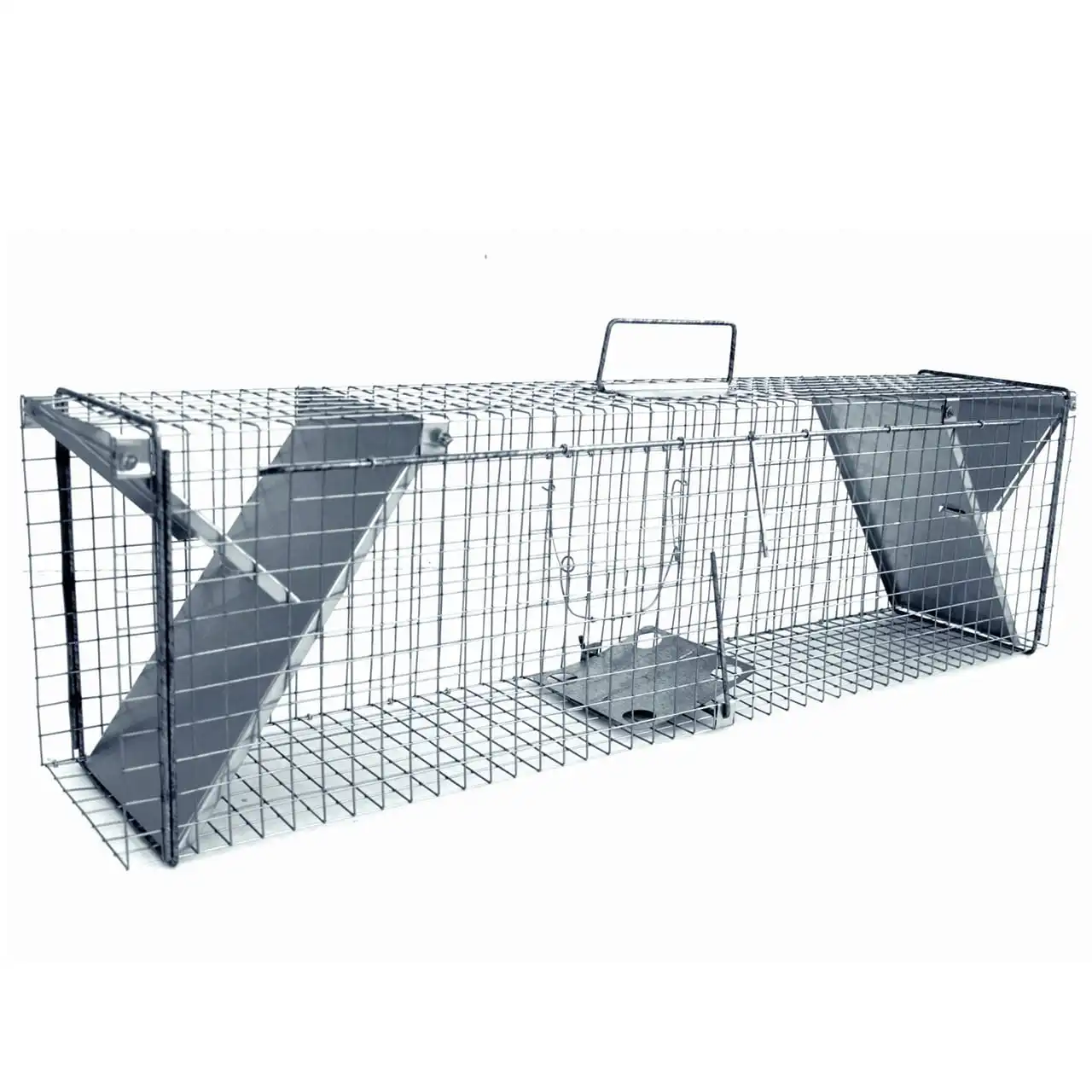 Pułapka żywołowna z metalowej siatki, z uchwytem na górze i mechanizmem zapadkowym po obu stronach.