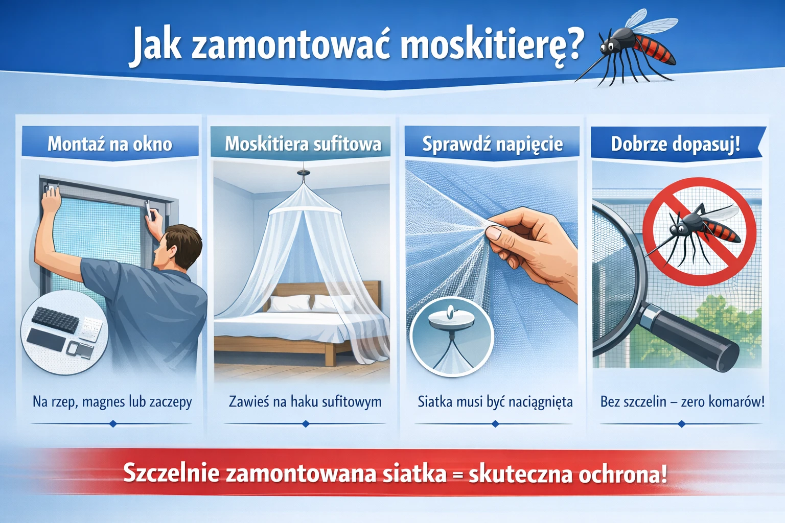 Jak zamontować moskitierę – instrukcja krok po kroku montażu moskitiery na okno, drzwi i sufit, skuteczna ochrona przed komarami