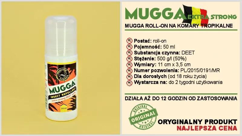 MUGGA Extra Strong roll-on na komary tropikalne 50 ml, biały aplikator z etykietą owadów, na żółtym tle.