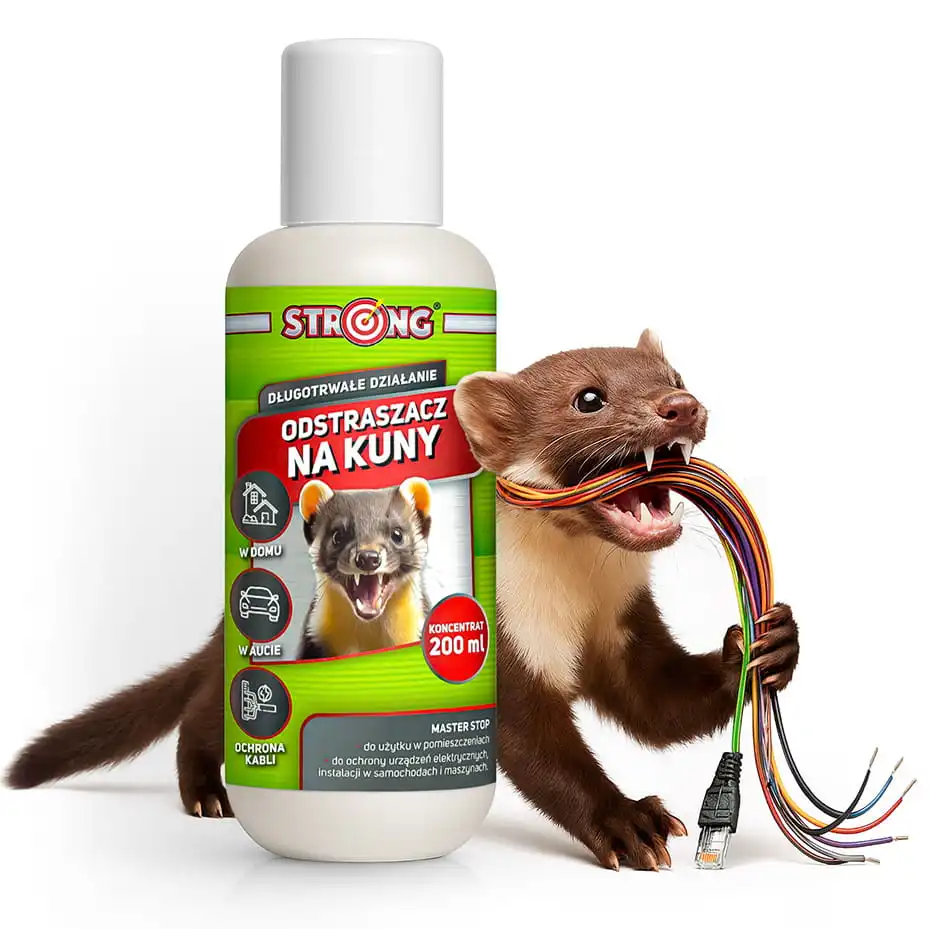 Preparat STRONG odstraszacz na kuny (200 ml), obok którego widoczna kuna gryząca wiązkę kolorowych kabli.