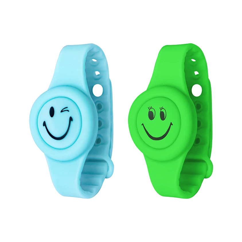 Opaska silikonowa dla dzieci, niebieska i zielona, z okrągłą tarczą z uśmiechniętą buźką, regulowane zapięcie na zatrzaski.