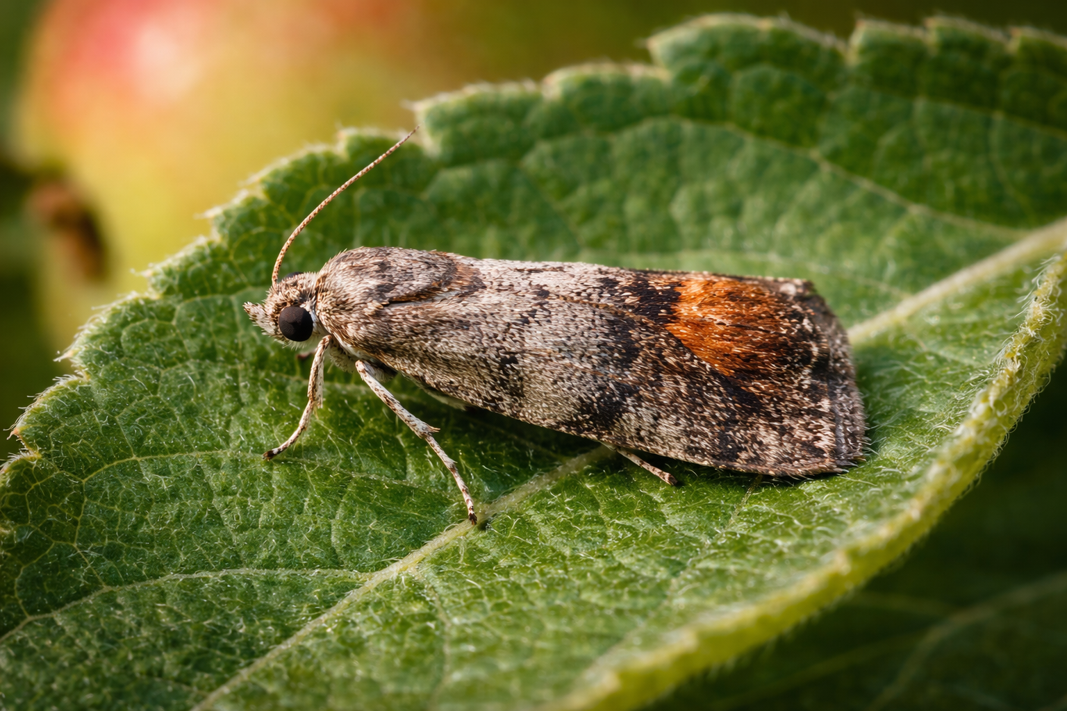 Owocówka jabłkóweczka (Cydia pomonella) – dorosły motyl siedzący na liściu jabłoni, widoczna charakterystyczna plamka na skrzydłach.