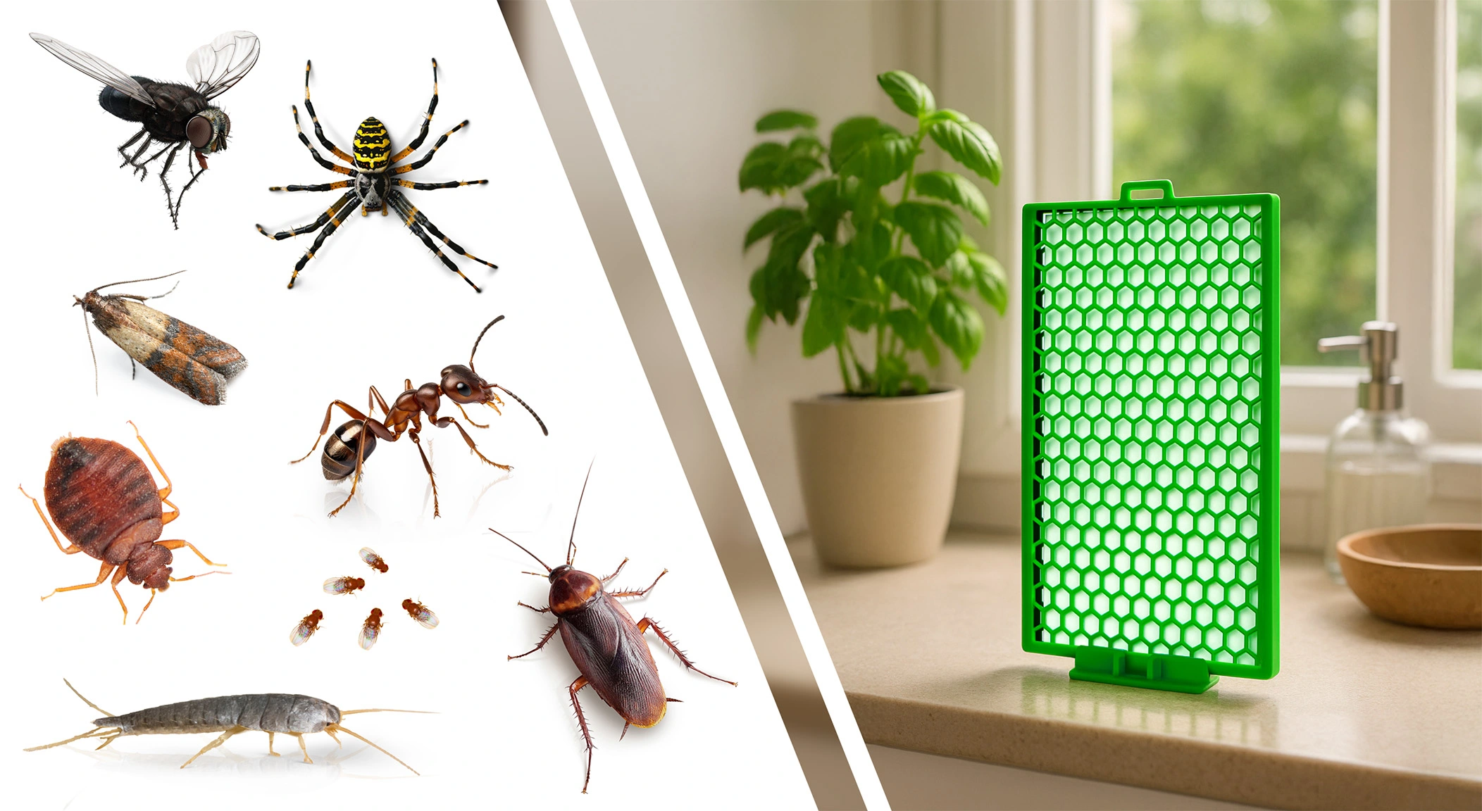 Zielona lepowa pułapka na owady na blacie w kuchni; obok pokazane mol, mucha, mrówka, karaluch i pająk.