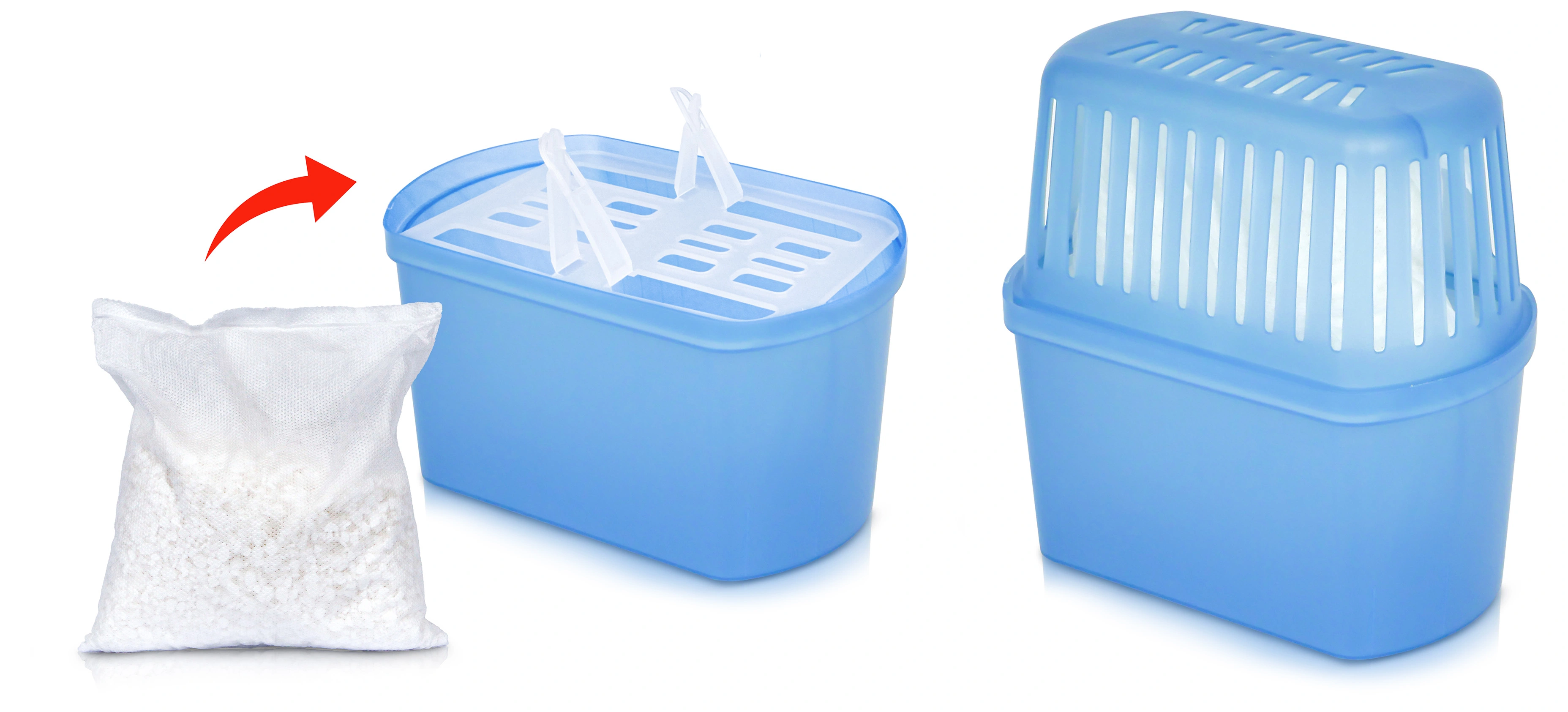 Niebieski pochłaniacz wilgoci z wymiennym wkładem w postaci białych granulek w woreczku; pokazany sposób montażu.