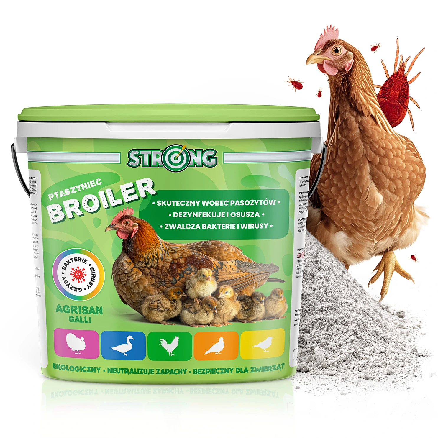 Opakowanie preparatu przeciw pasożytom „Strong Broiler” z grafiką kury z pisklętami, obok kura na tle proszku i powiększonych roztoczy.