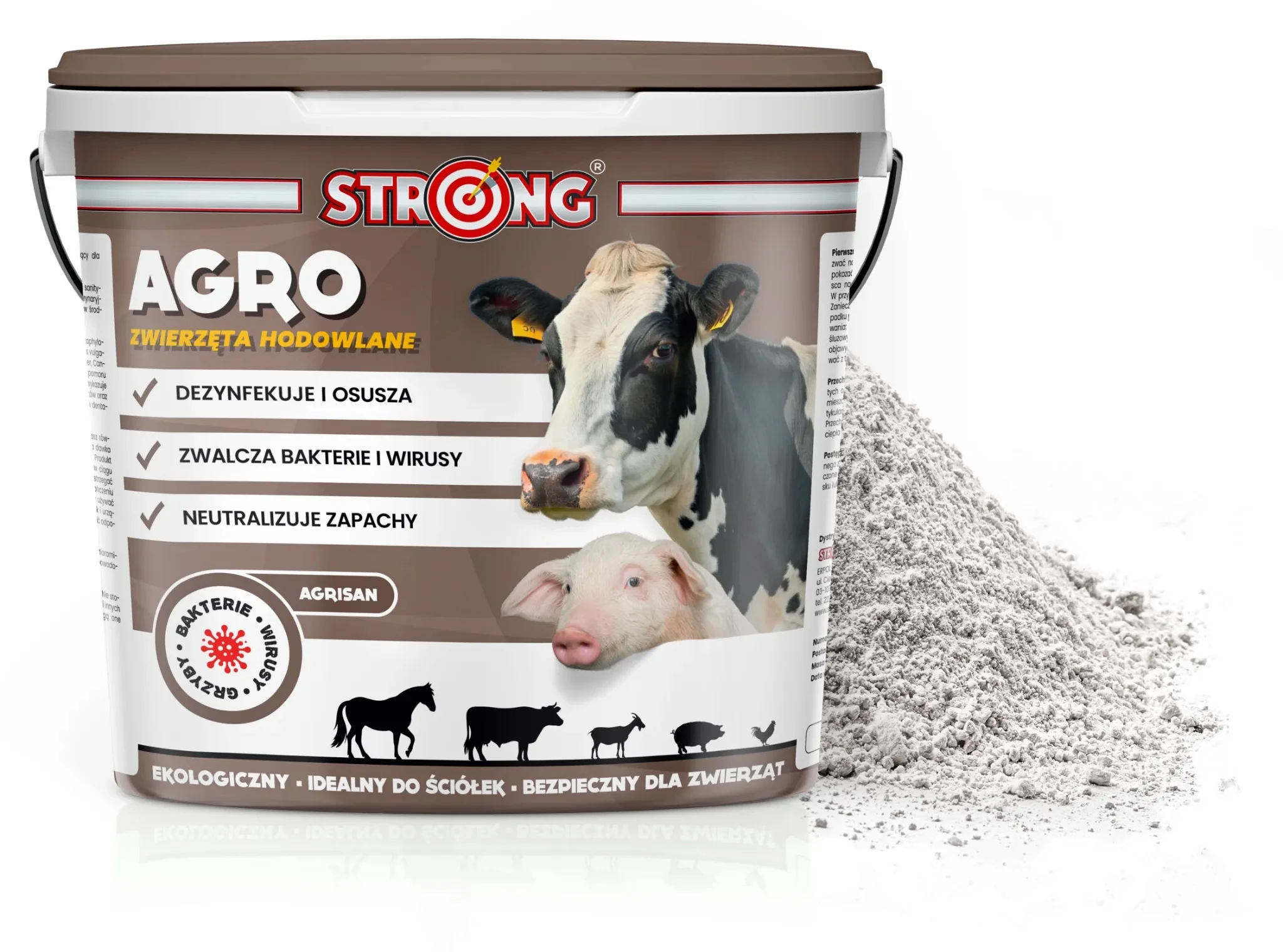 Preparat Strong Agro do dezynfekcji dla zwierząt hodowlanych, wiadro 5 kg z wysypanym proszkiem obok