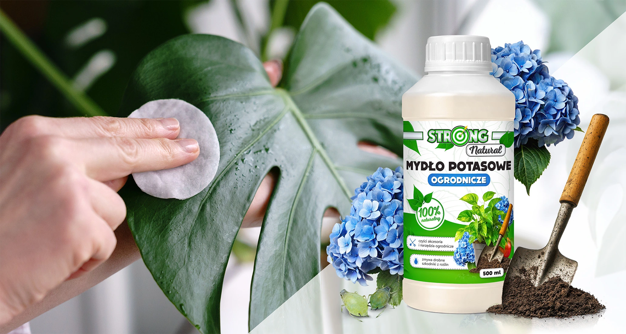 Mydło potasowe ogrodnicze Strong Natural 500 ml, 100% naturalne; czyszczenie liścia, hortensje i łopatka z ziemią.