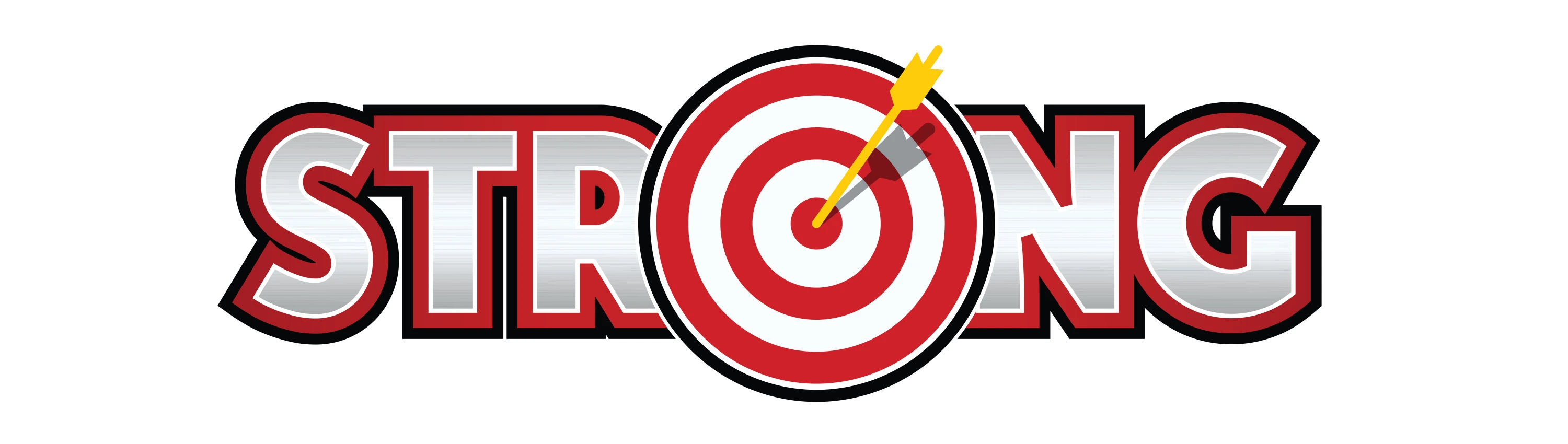 Logo marki Strong – srebrno-czerwony napis z literą „O” w formie tarczy z żółtą strzałą trafiającą w środek.