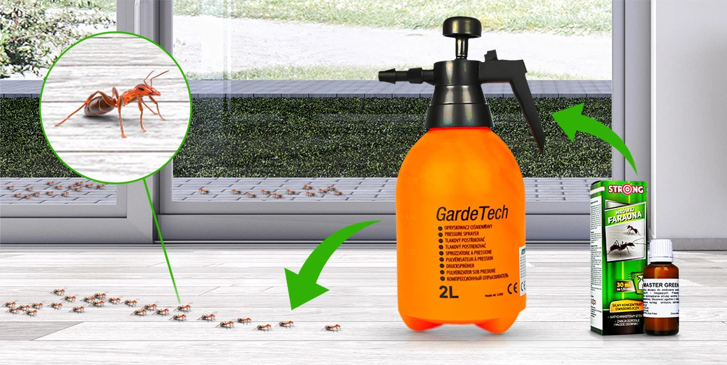 Opryskiwacz ciśnieniowy 2L GardeTech oraz preparaty na mrówki, wskazujące oprysk przy drzwiach tarasowych, mrówki na podłodze i zbliżenie owada.
