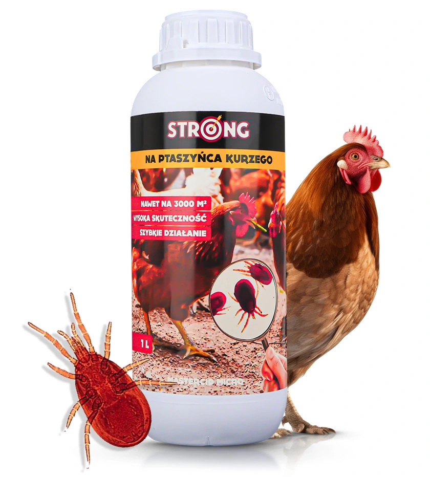 Butelka preparatu Strong na ptaszyńca kurzego z grafiką kur i powiększonym wizerunkiem roztoczy, obok kura i ilustracja pasożyta.
