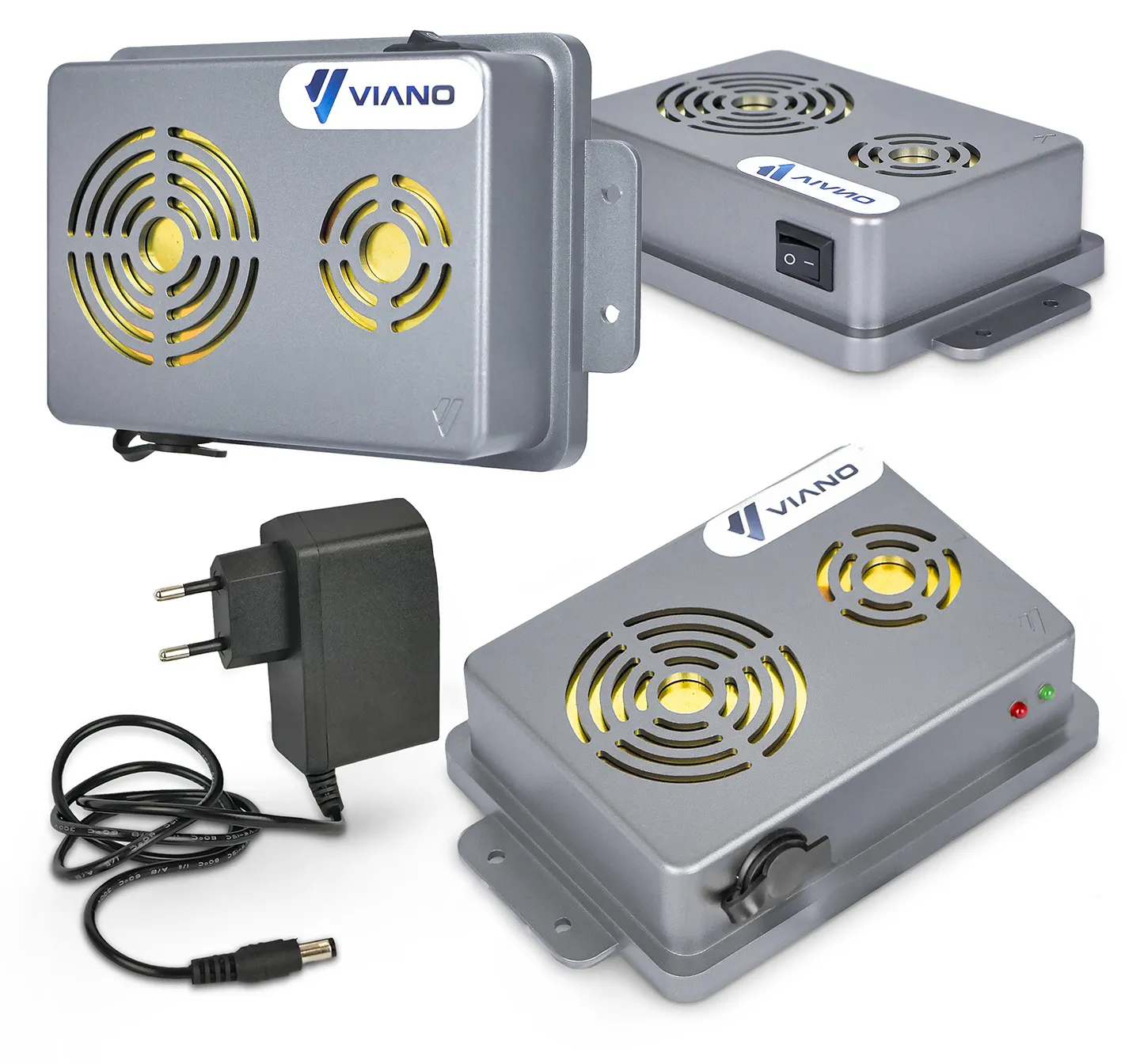 Ultradźwiękowy odstraszacz gryzoni Viano, szare metalowe pudełko z dwoma otworami wentylacyjnymi, w zestawie zasilacz sieciowy.