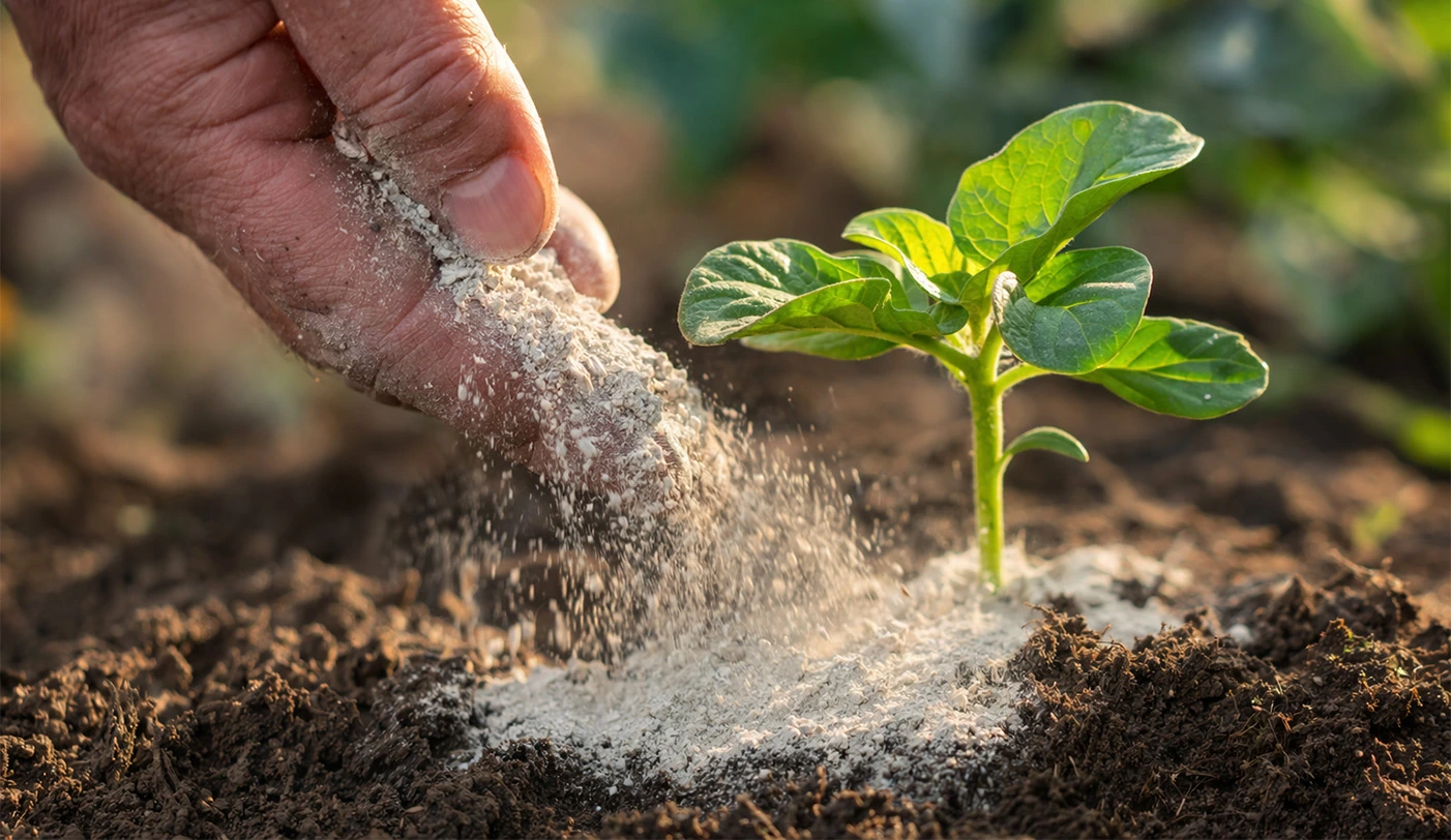 Zeolit ogrodniczy rozsypywany wokół młodej rośliny w glebie poprawiający strukturę podłoża i retencję wody