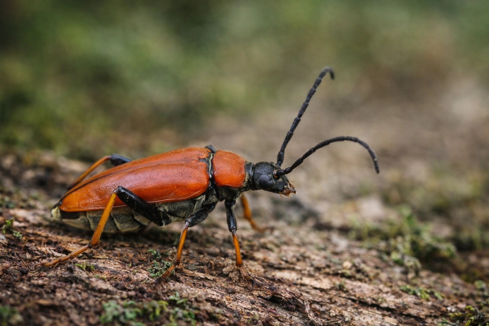 Zmorsznik czerwony na drewnie – dorosły chrząszcz z charakterystycznym czerwonym ubarwieniem