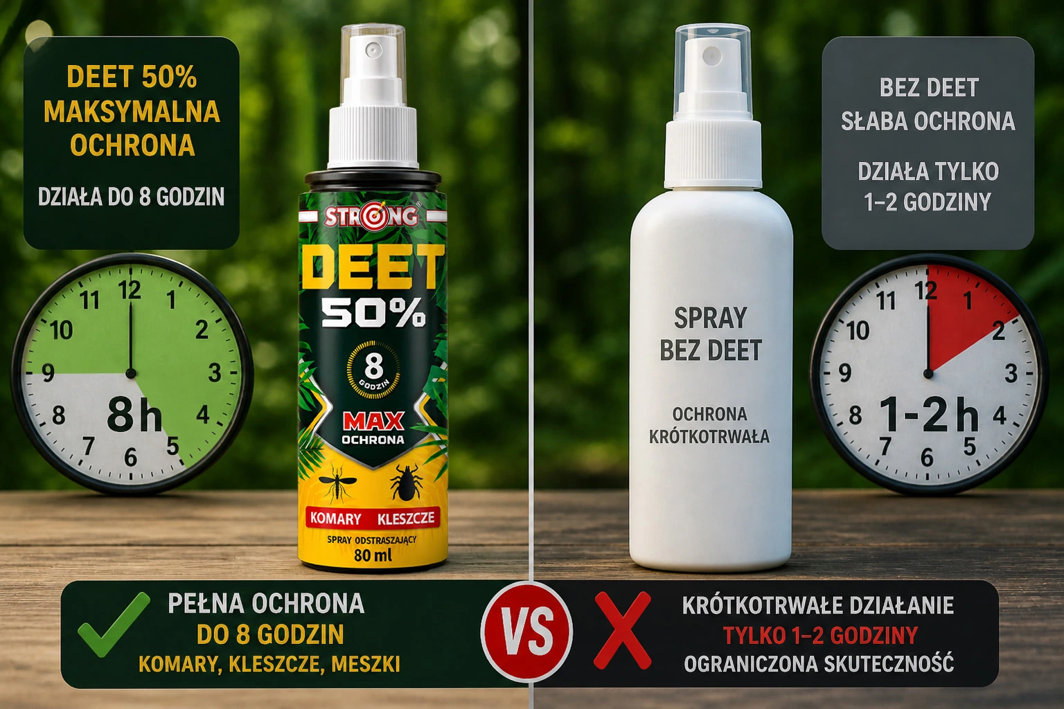Porównanie sprayu STRONG DEET 50% z preparatem bez DEET – skuteczna ochrona przed komarami, kleszczami i meszkami do 8 godzin vs krótkotrwałe działanie 1–2 godziny