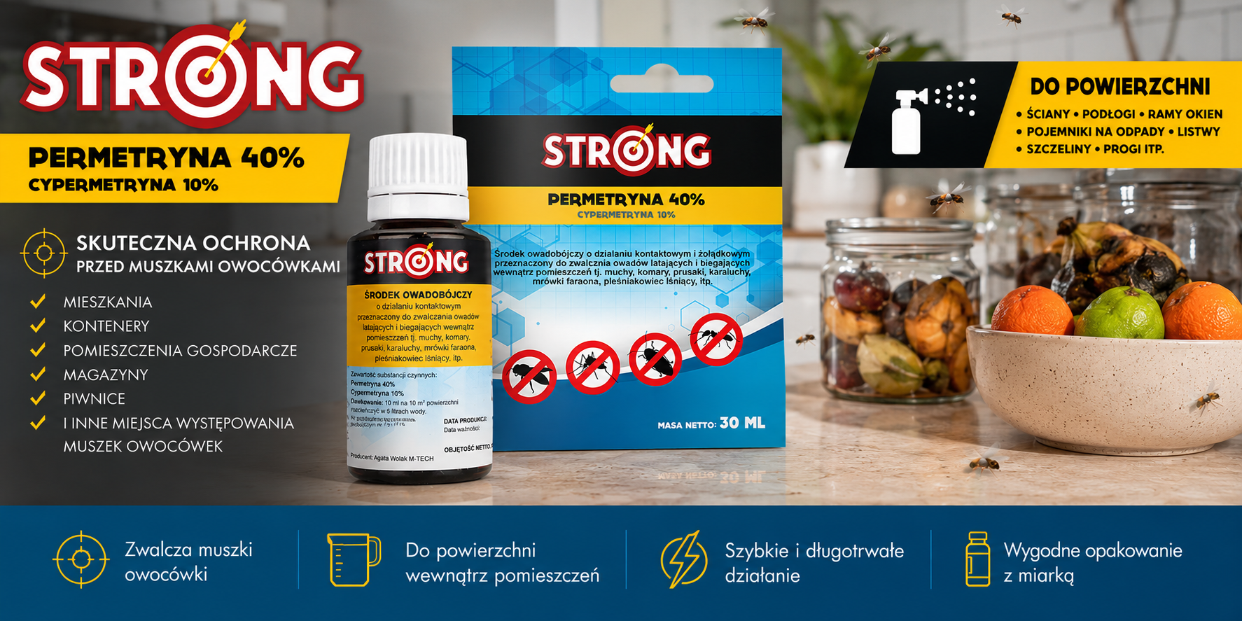 Permetryna 40% STRONG – oprysk na muszki owocówki do powierzchni w pomieszczeniach, kontenerach i magazynach, preparat owadobójczy przy owocach zaatakowanych przez muszki owocówki